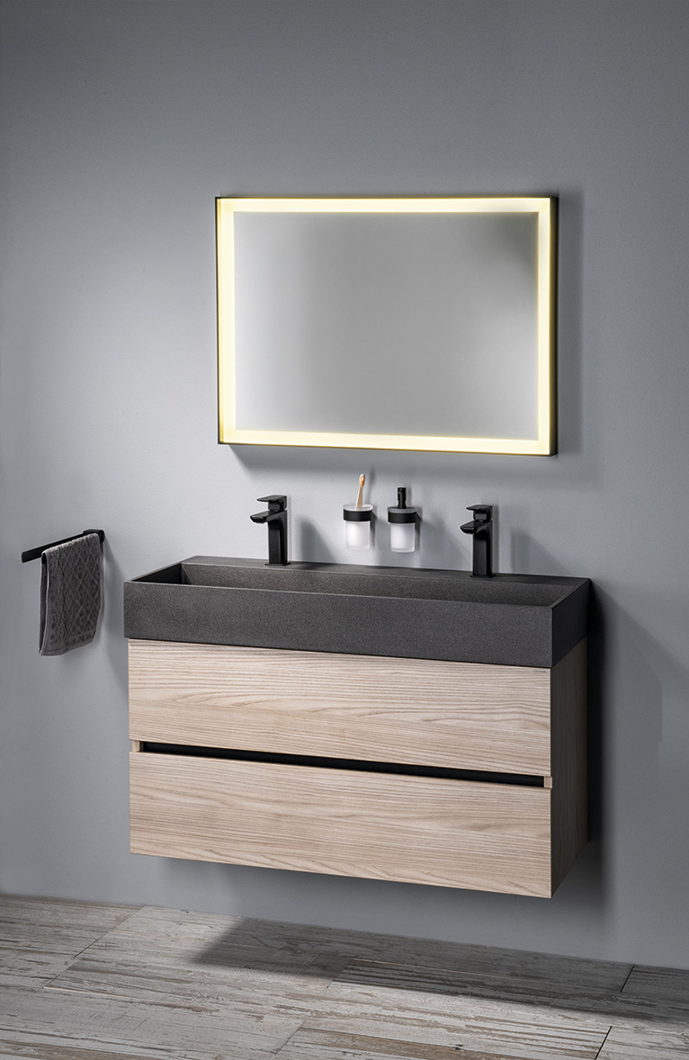 QUADRADO betonové dvojumyvadlo včetně výpusti, 96x44cm, černý granit AR473