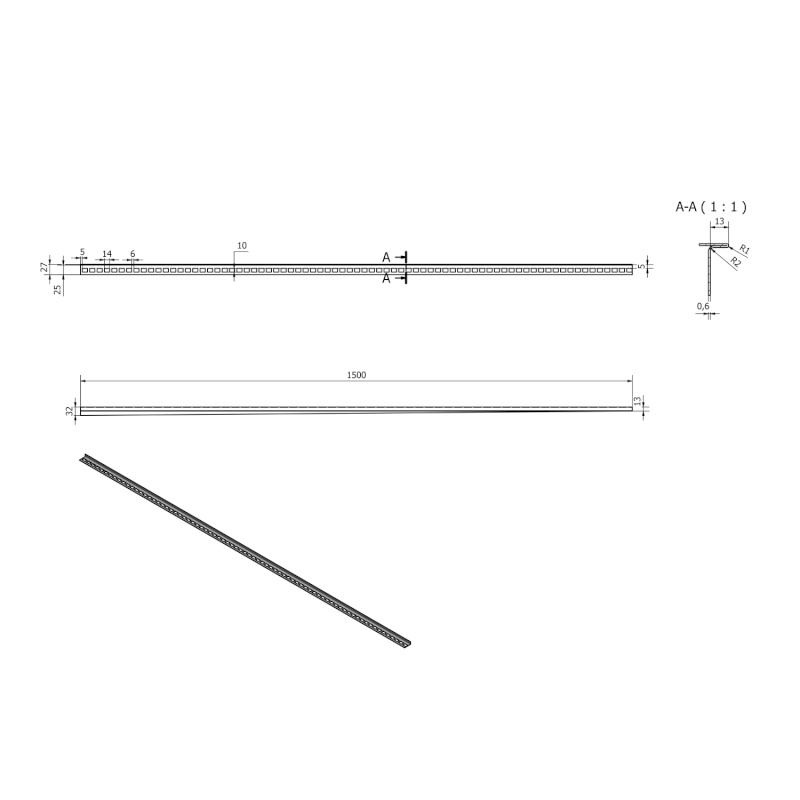 Spádová lišta, levá, výška 12 mm, délka 1500 mm, nerez mat SPD1512-L