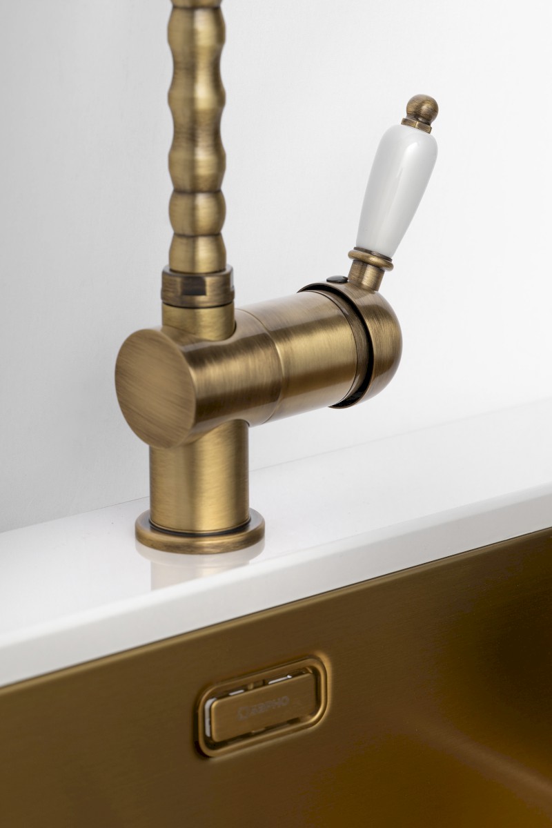 KIRKÉ WHITE stojánková dřezová baterie, bílá páčka, bronz KI14BB