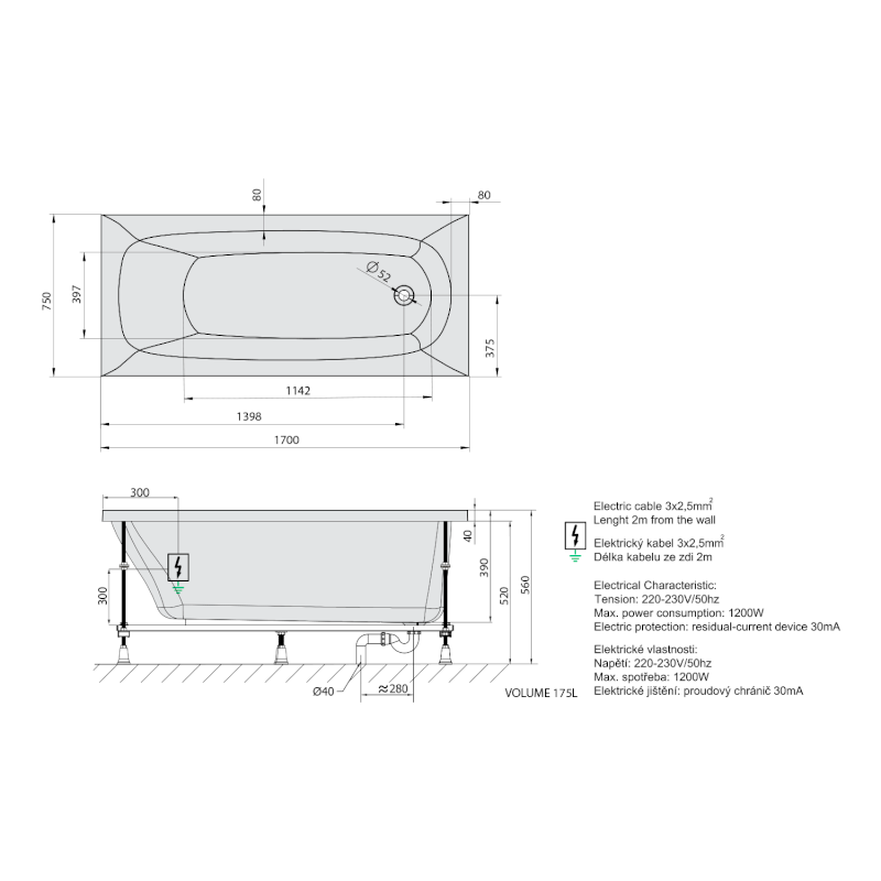 EBRO hydromasážní vana, 170x75x39cm, Active Hydro, chrom 26711.1010