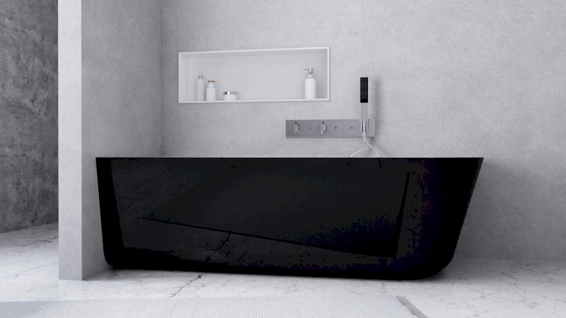 SUSSI L rohová stojící vana, litý mramor 160x70x49,5cm, černá/bílá 80219L