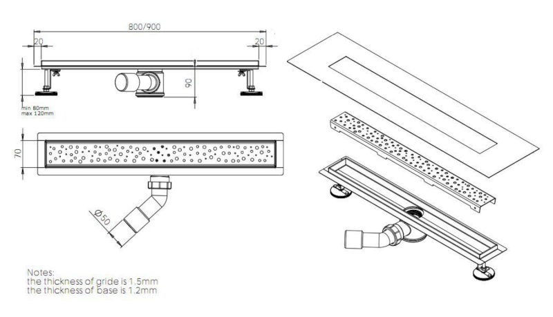 BUCANERA nerezový podlahový žlab s roštem, L-900, DN50 NO3190