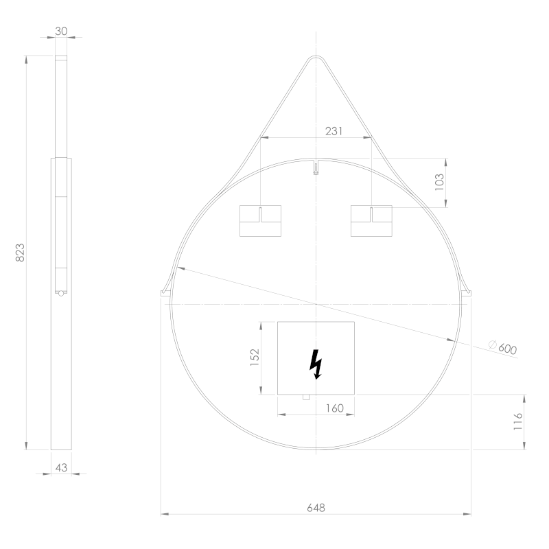 ORBITER kulaté zrcadlo s LED osvětlením ø 60cm, kožený pásek, černá mat ORL060