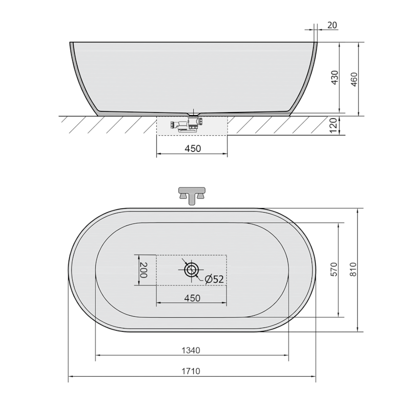 REDUTA volně stojící vana litý mramor 171x81x46cm, černá/bílá 72973