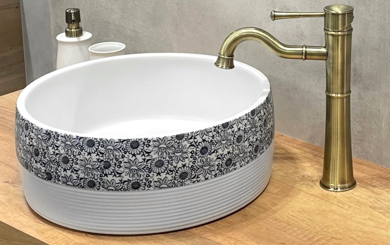 PRIORI keramické umyvadlo na desku, Ø 41 cm, bílá s modrým vzorem PI027