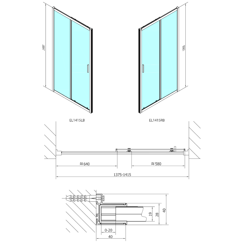 EASY BLACK sprchové dveře 1400mm, čiré sklo EL1415B