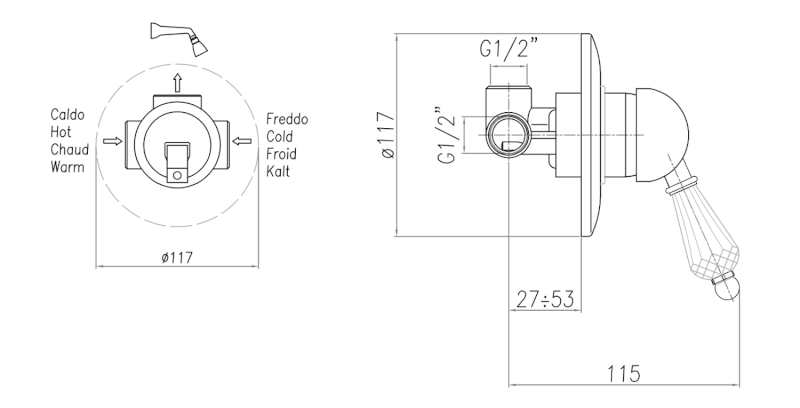 KIRKÉ CRYSTAL podomítková sprchová baterie, 1 výstup, páčka krystal, bronz KI41KB