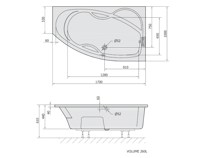 MAMBA R asymetrická vana 170x100x44cm, bílá 77111