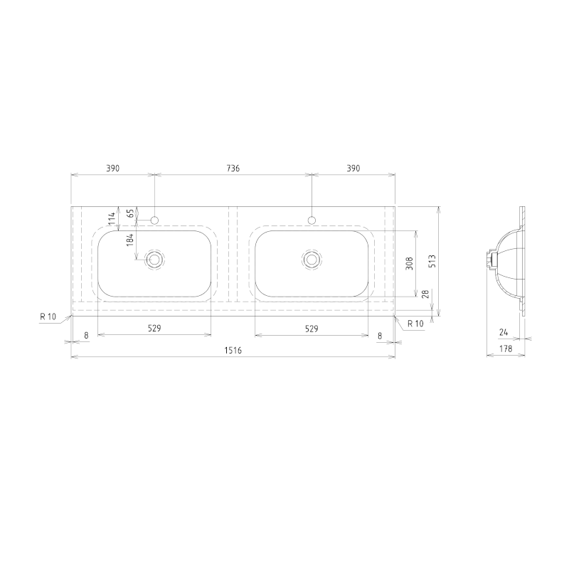 TREOS dvojumyvadlo 151,6x51,3 cm (75+75), rockstone, bílá mat TS152-0101