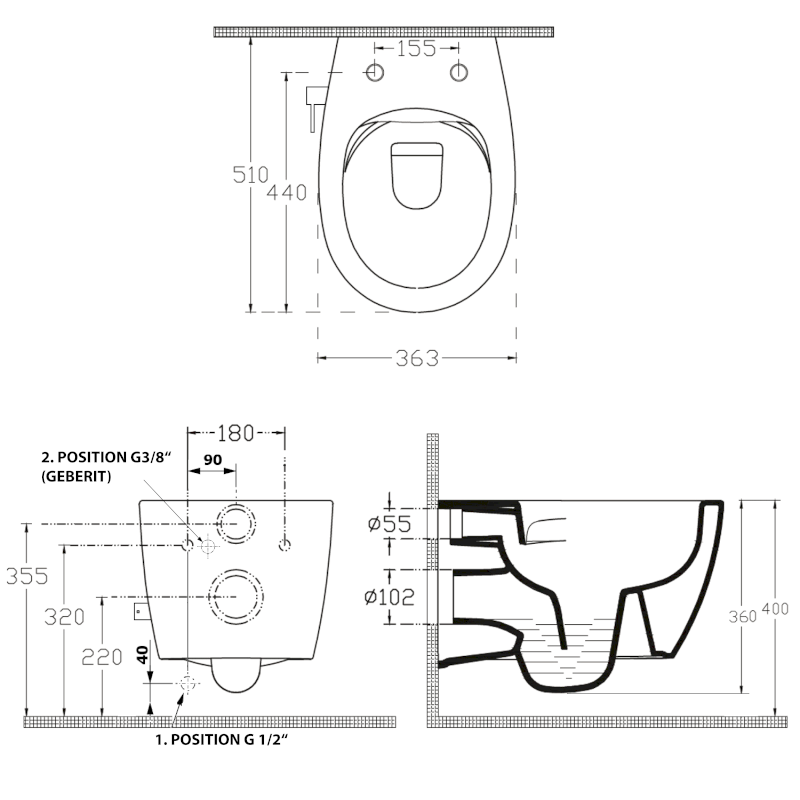 SENTIMENTI CLEANWASH závěsná WC mísa, integrovaný ventil a bidet. sprška, Rimless, 36x51cm, bílá 10ARS1010