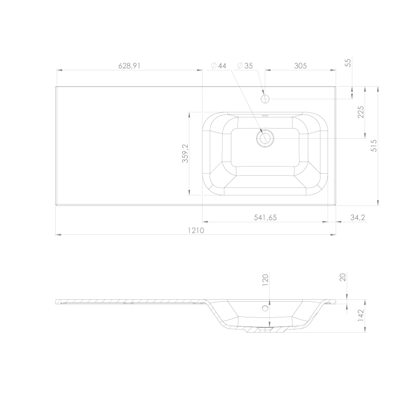 ARECA umyvadlo, litý mramor, 121x51,5cm, pravé, bílá AC121R