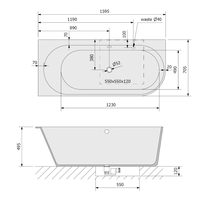 SUSSI L rohová stojící vana, litý mramor 160x70x49,5cm, černá/bílá 80219L