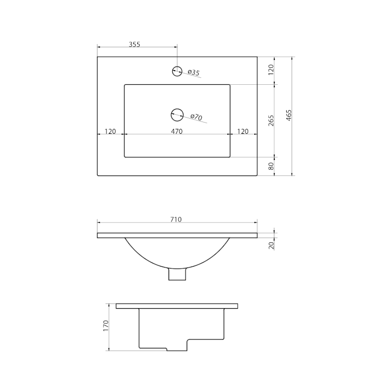SLIM keramické umyvadlo, nábytkové, 70x46,5cm, bílá 1601-70