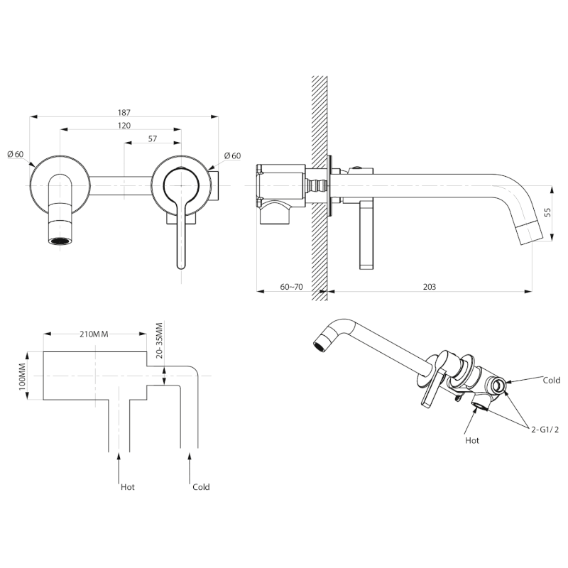 ICONIC podomítková dvouprvková umyvadlová baterie, měď mat AF008PG