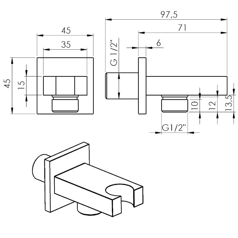 Držák sprchy hranatý, pevný, s vyústěním, chrom AQ591