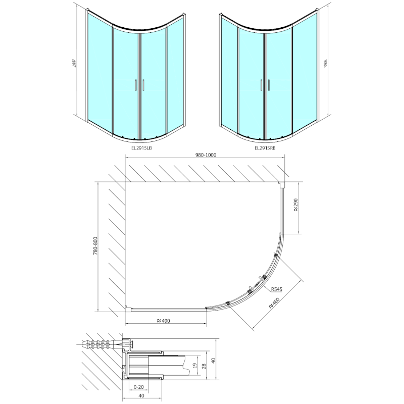 EASY BLACK čtvrtkruhová sprchová zástěna 1000x800mm, L/R, čiré sklo EL2915B
