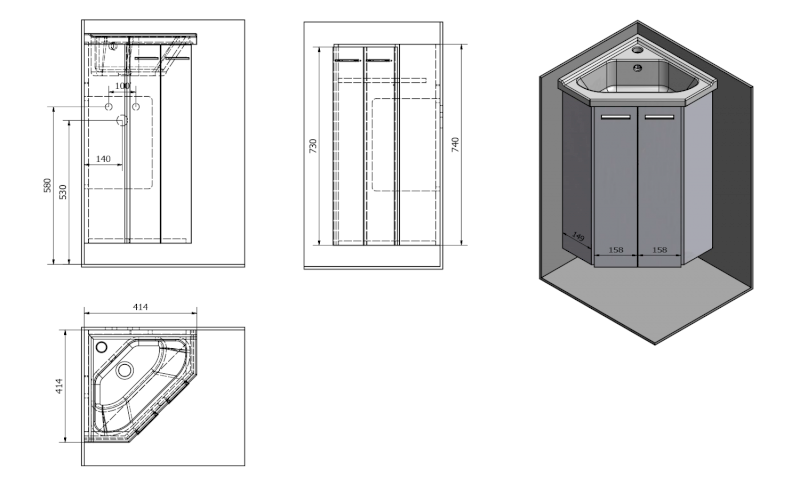 ZOJA umyvadlová skříňka rohová 39x74x39 cm, dub platin 50344