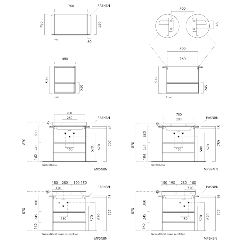 NUBES/NORM konstrukce pod umyvadlo 80x50cm, černá mat/ořech MSAN80N