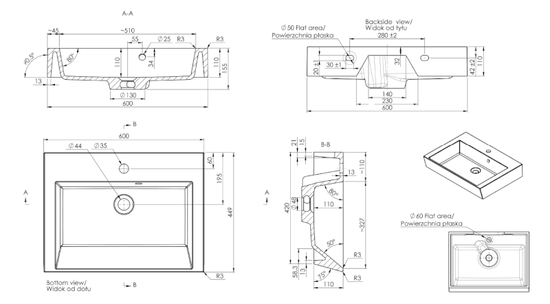 ORINOKO umyvadlo, litý mramor, 60x45cm, bílá OR060