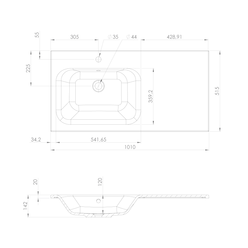 ARECA umyvadlo, litý mramor, 101x51,5cm, levé, bílá AC101L