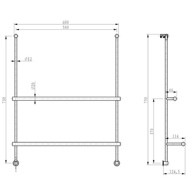 Závěsný držák ručníků na sprchovou zástěnu 600x730x125mm, chrom 1301-09