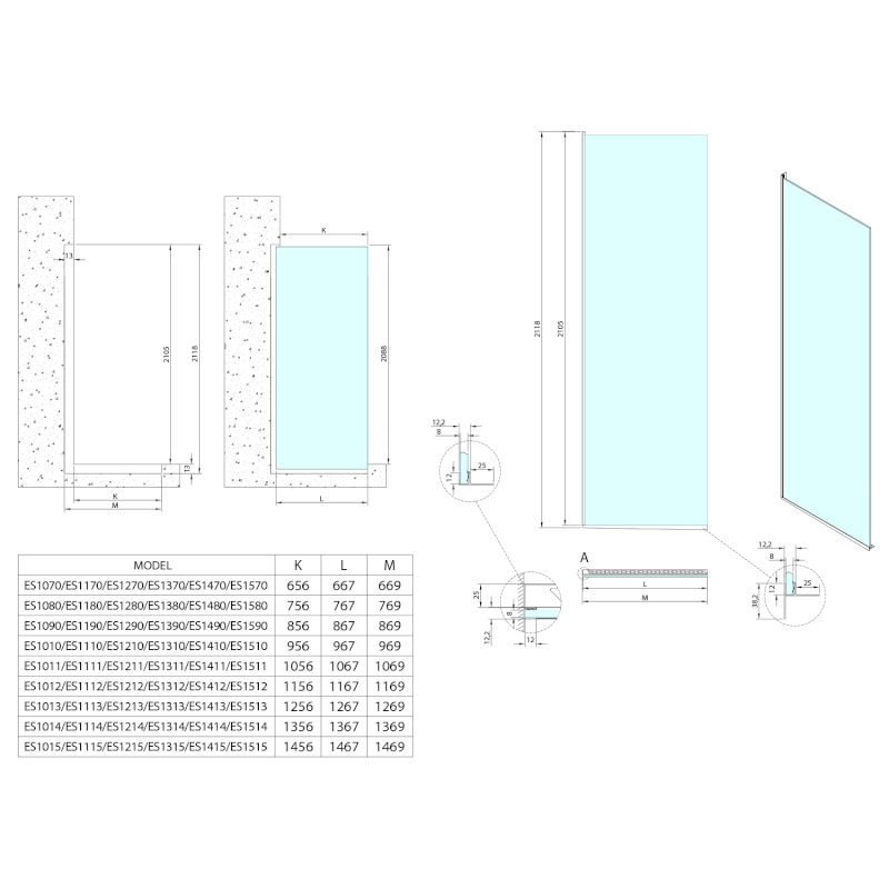 ARCHITEX sada pro uchycení skla podlaha-stěna se spádovou lištou, 1615x2105mm, levá, černá mat AX2116BL