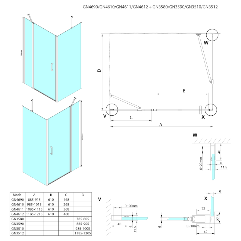 LORO sprchové dveře s pevnou částí 1100mm, čiré sklo GN4611