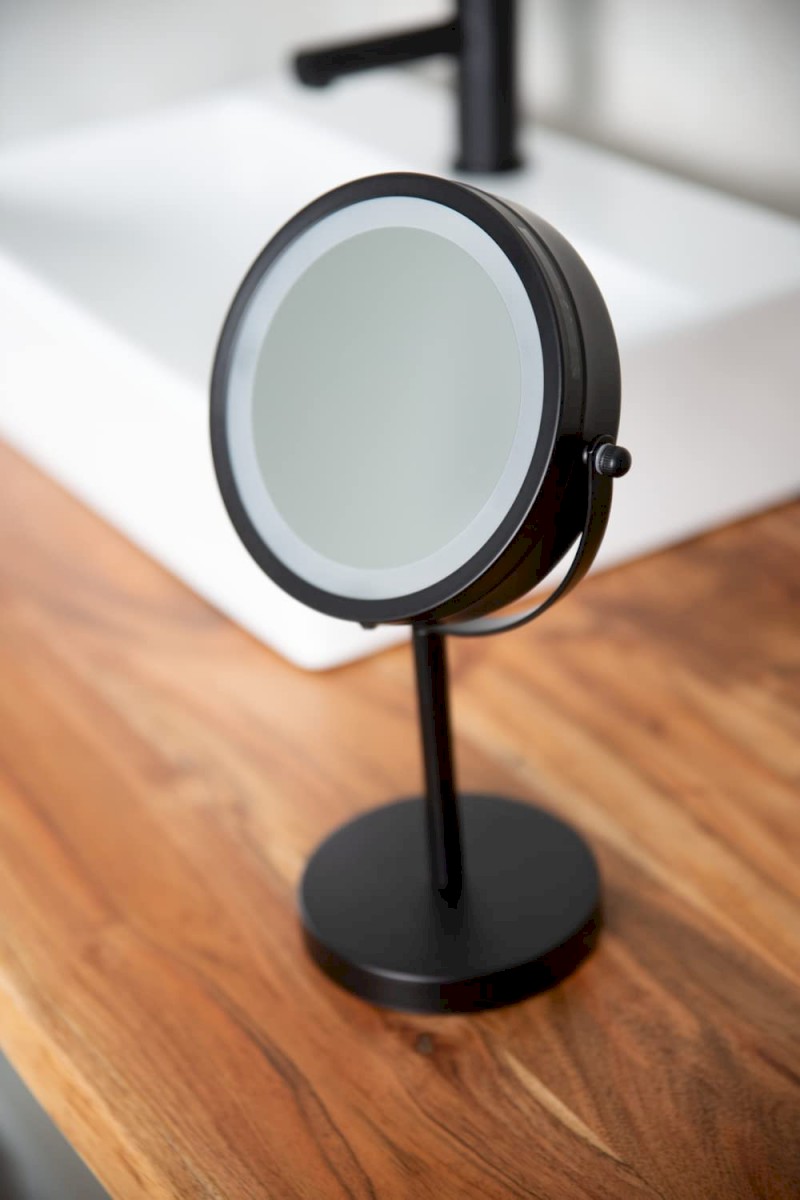 DAISY kosmetické zrcátko na postavení LED, Ø 150 mm, oboustranné, černá 03111010