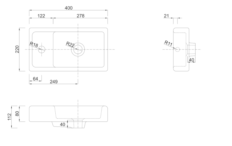 Keramické umývátko, nábytkové, 40x22cm, bílá DD4022