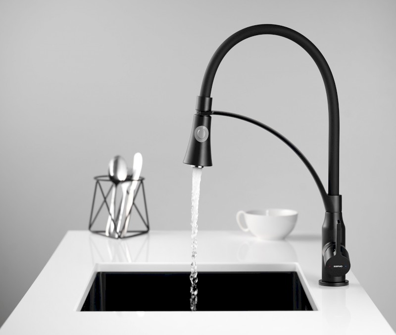 HEBE stojánková dřezová baterie se sprškou, černá mat HT430B