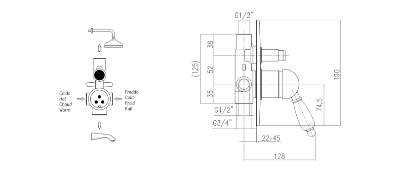 KIRKÉ BLACK podomítková sprchová baterie, 2 výstupy, černá páčka, chrom KI42NC