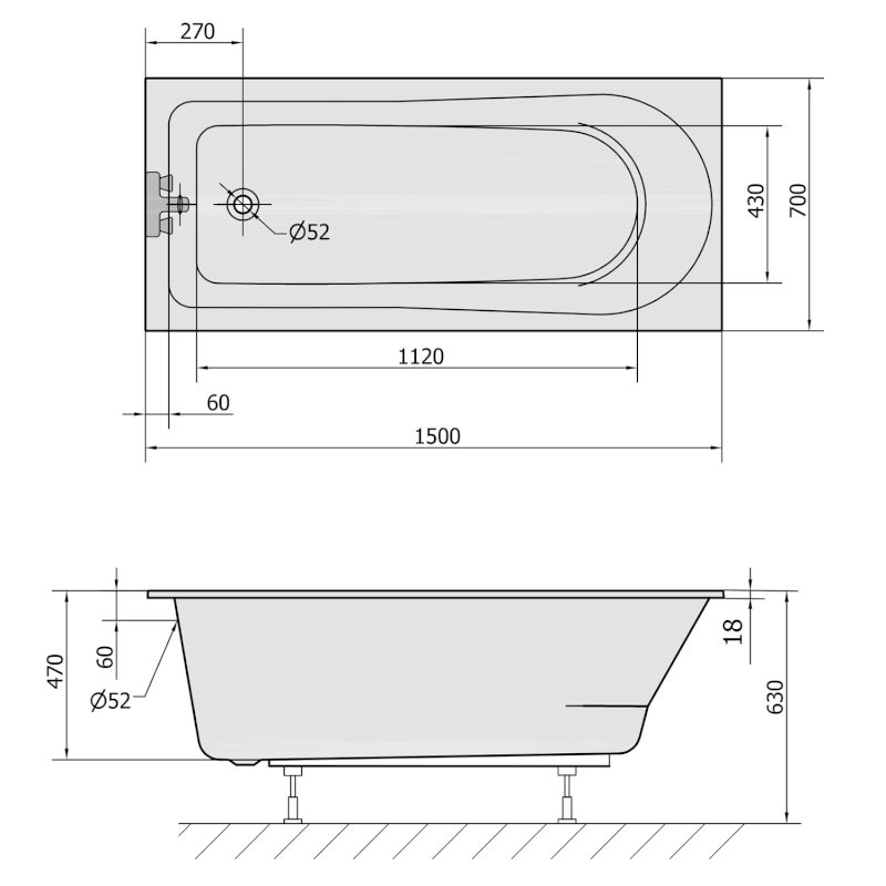 LISA SLIM obdélníková vana 150x70x47cm, bílá 85111S