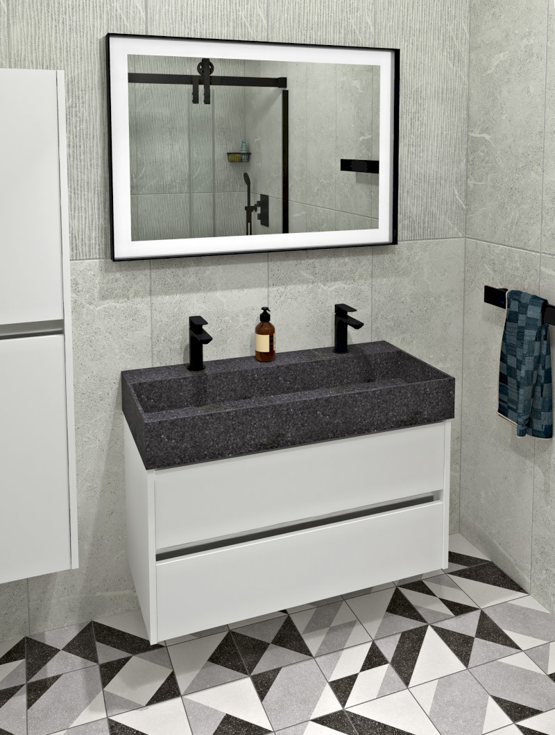 QUADRADO betonové dvojumyvadlo včetně výpusti, 96x44cm, černý granit AR473