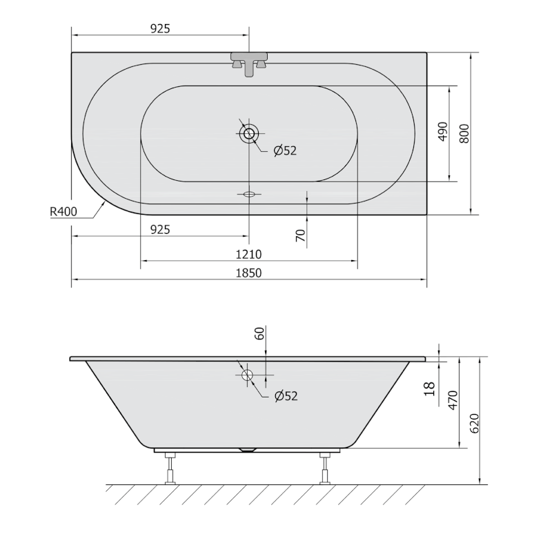 VIVA R SLIM asymetrická vana 185x80x47cm, bílá 72129S