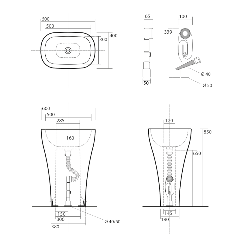 AQUATECH keramické umyvadlo volně stojící, 60x85x40cm, bílá 374201