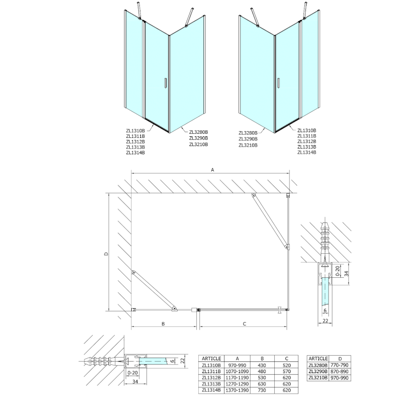 ZOOM BLACK boční stěna 900mm, čiré sklo ZL3290B