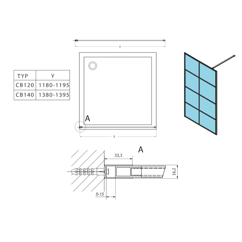 CURE BLACK sprchová zástěna 1200mm, čiré sklo CB120