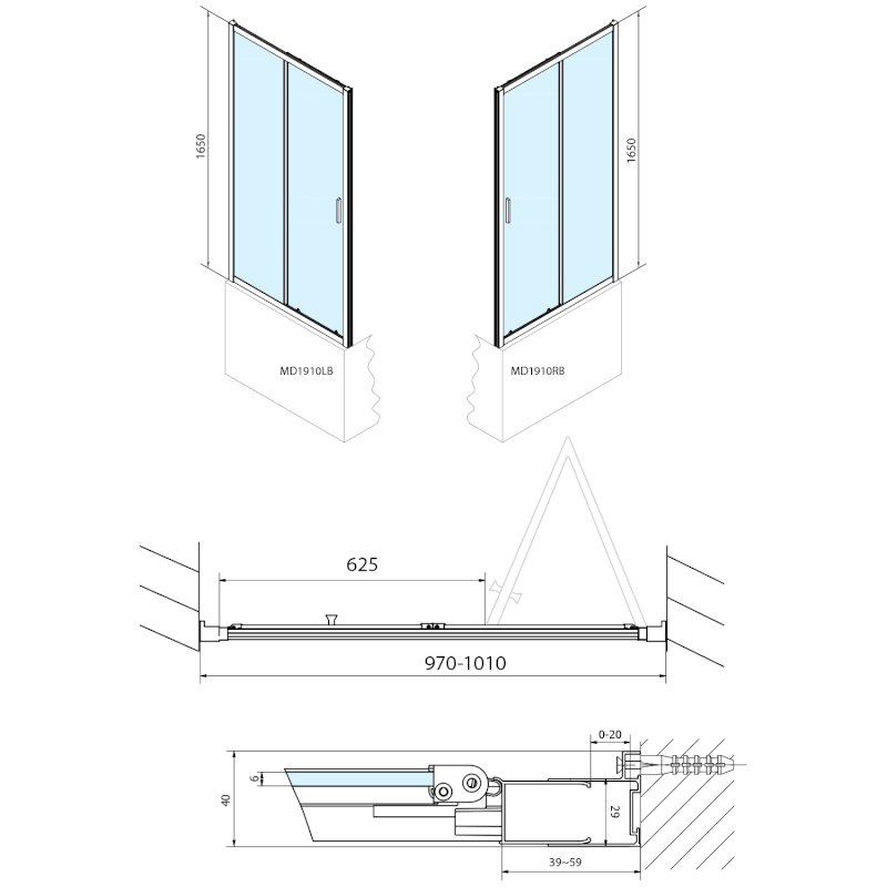 DEEP BLACK sprchové dveře skládací 1000x1650mm, čiré sklo MD1910B