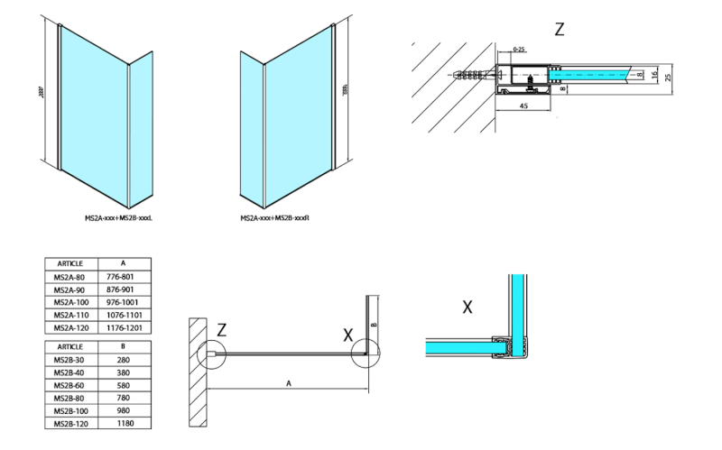 MODULAR SHOWER stěna k instalaci na zeď, pro připojení pevného panelu, 900 mm MS2A-90