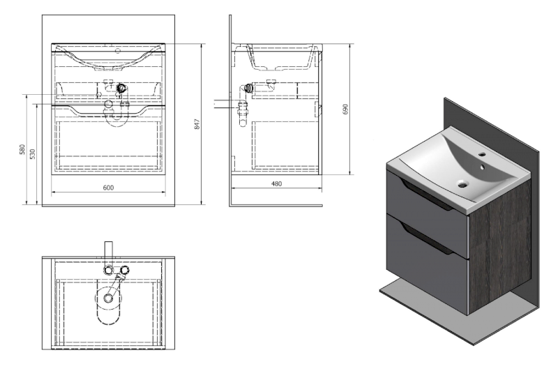 WAVE umyvadlová skříňka 60x65x47,8cm, bílá/dub cuneo WA060-3025