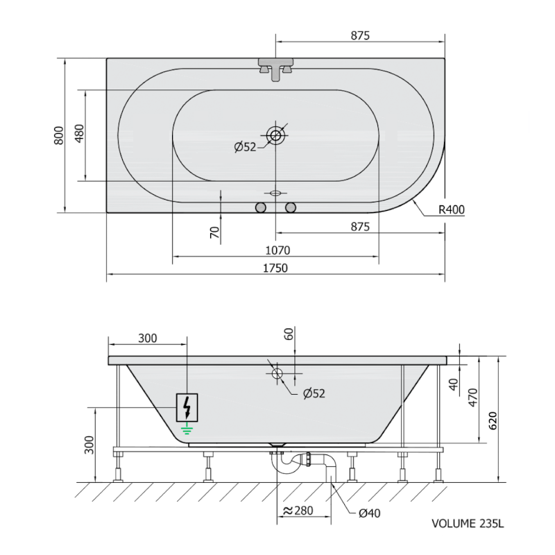 VIVA L hydromasážní vana, 175x80x47cm, Active Hydro-Air, chrom 70119.2010