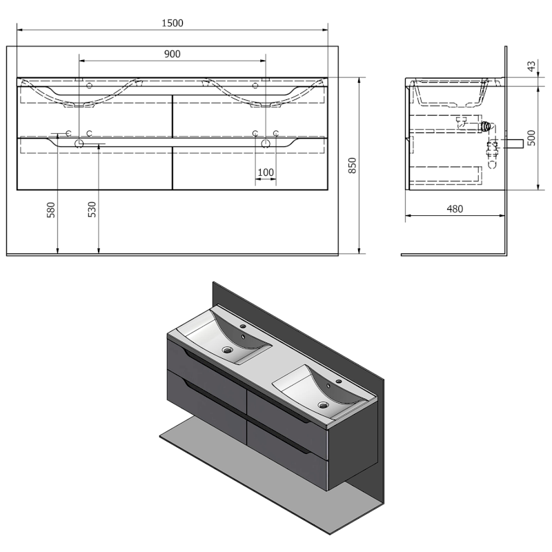 WAVE dvojumyvadlová skříňka 149,7x50x47,8cm, bílá/dub stříbrný WA150-3011