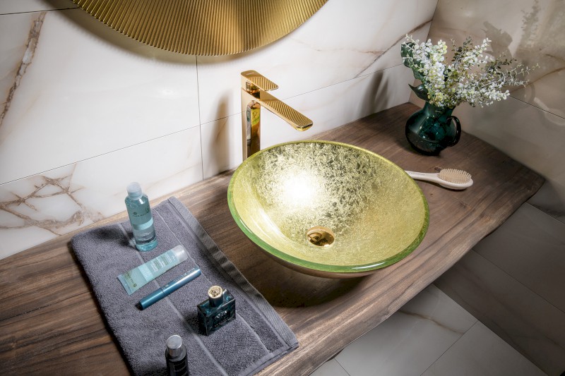 SHAY skleněné umyvadlo na desku Ø 42cm, zlatá 2501-22