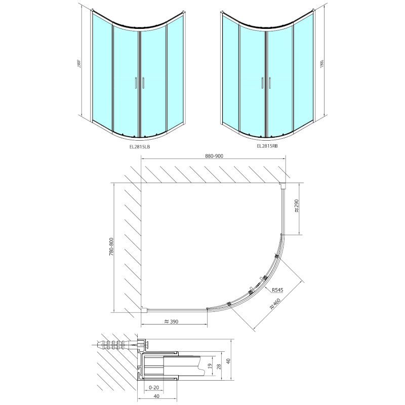 EASY BLACK čtvrtkruhová sprchová zástěna 900x800mm, L/R, čiré sklo EL2815B