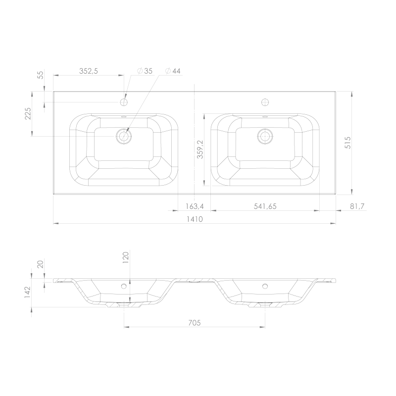 ARECA dvojumyvadlo, litý mramor, 141x51,5cm, bílá AC141