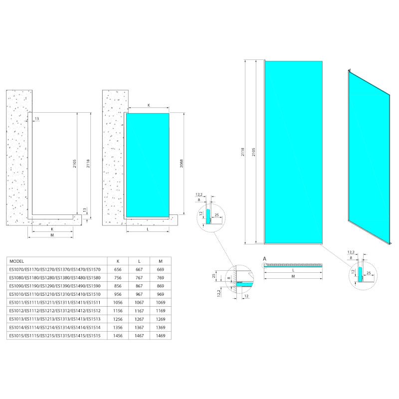 ARCHITEX sada pro neviditelné uchycení skla podlaha-stěna, 1615x2105mm, leštěný hliník AX2216