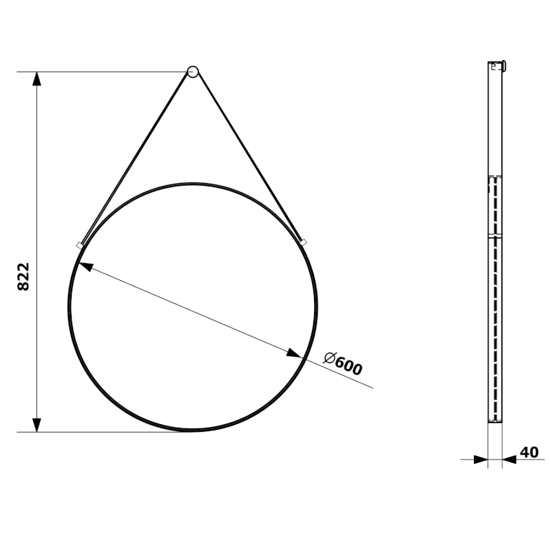 ORBITER kulaté zrcadlo s koženým páskem ø 60cm, černá mat ORT060