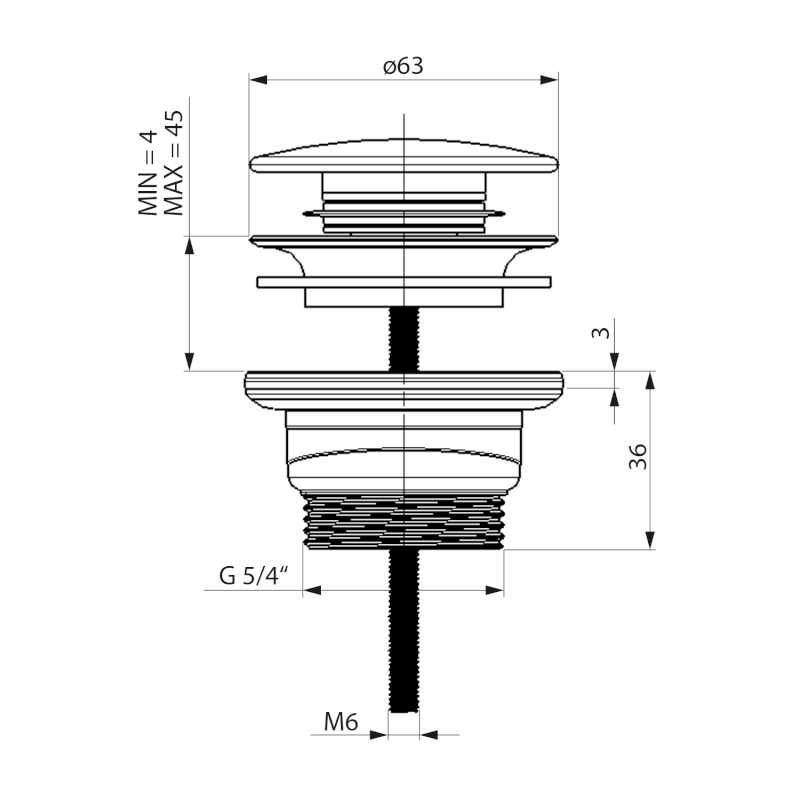 Umyvadlová výpust 5/4“, click-clack, velká zátka, 4-45mm, ABS/nerez 151.308.1