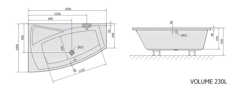 EVIA L asymetrická vana 160x100x47cm, bílá 11611