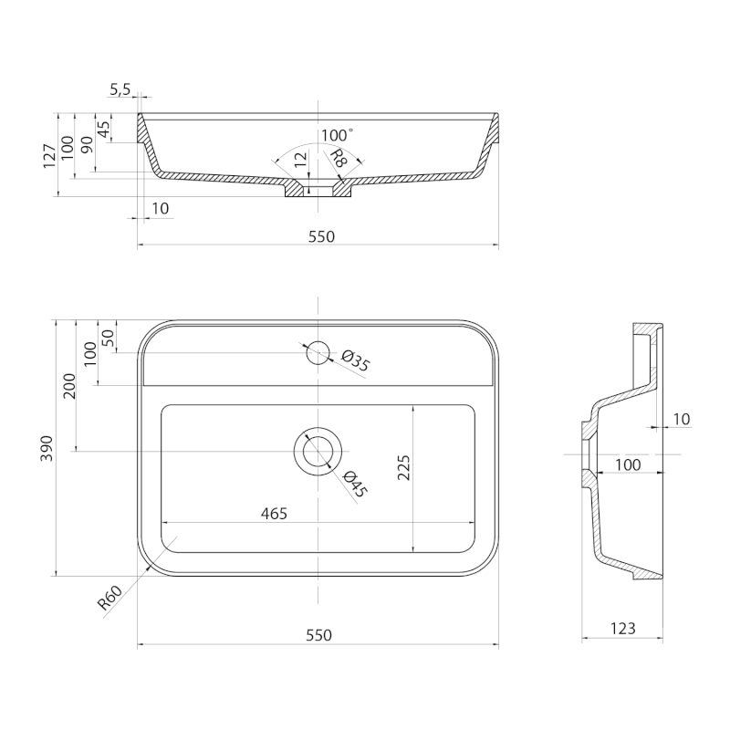 BRAHEA umyvadlo zápustné, Rockstone, 55x39 cm, bílá mat BE755